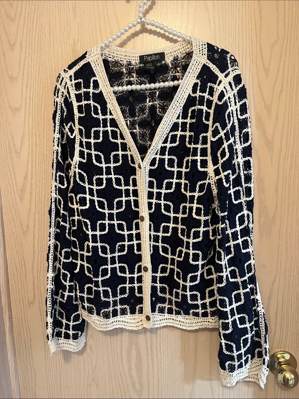 Papillon Blanc Navy and Cream Crochet V-Neck Cardigan